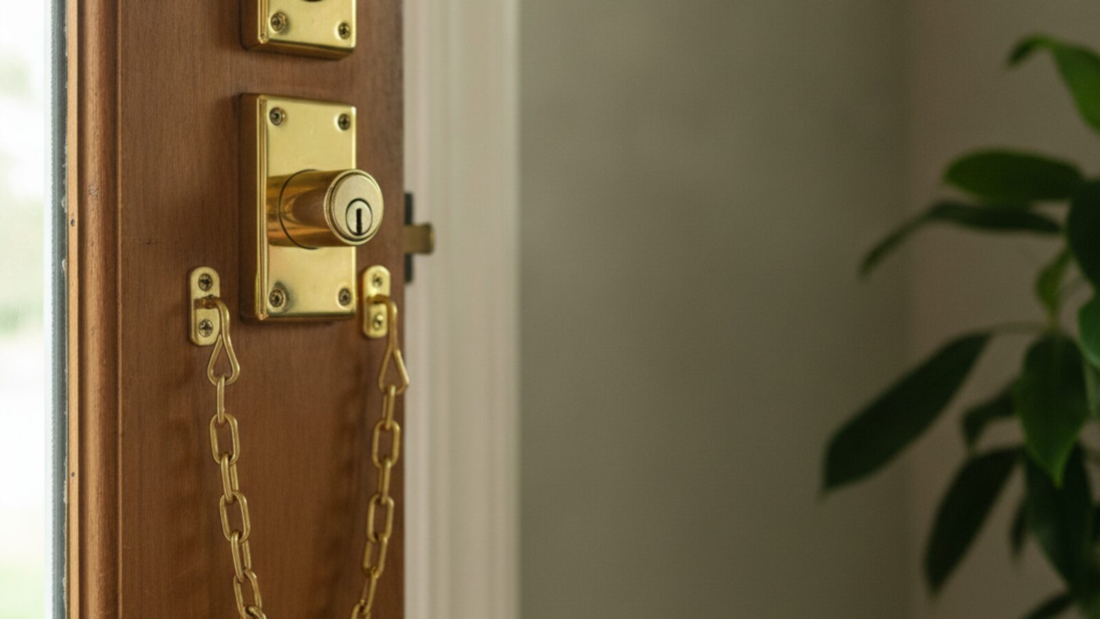 A wooden front door with a brass deadbolt lock and a security chain