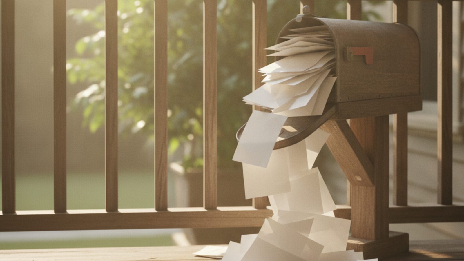 A home mailbox overflowing with blank envelopes and flyers