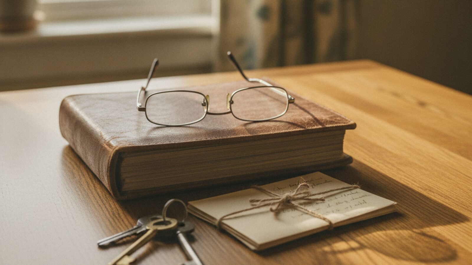 A leather photo album with reading glasses, tied letters, and house keys in warm morning light