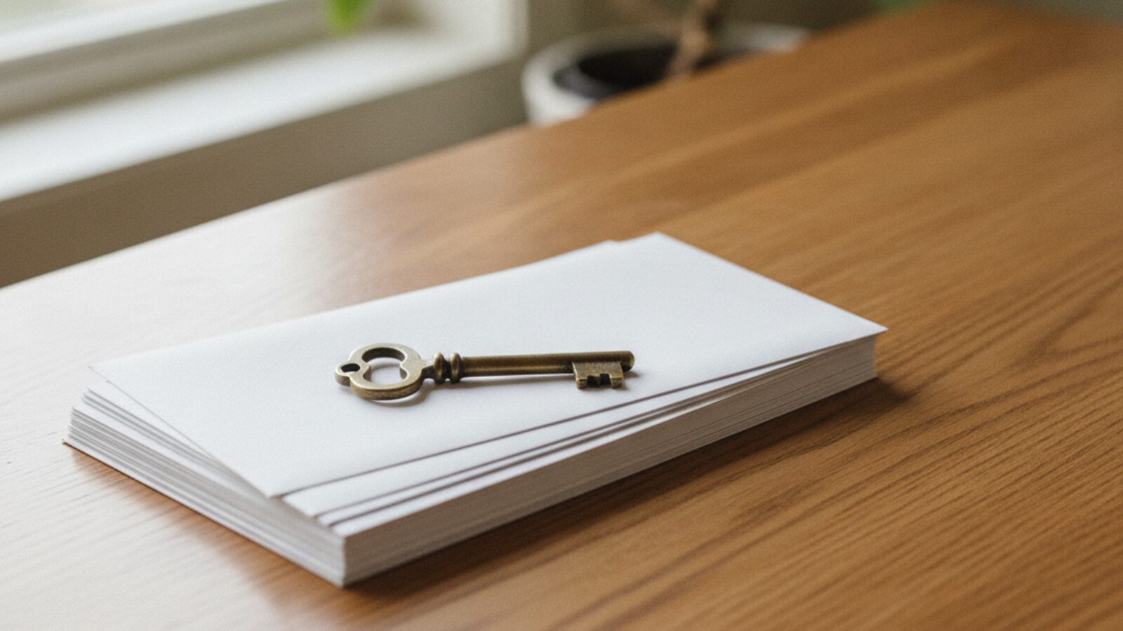 A brass key resting on a small stack of white envelopes on a wooden desk