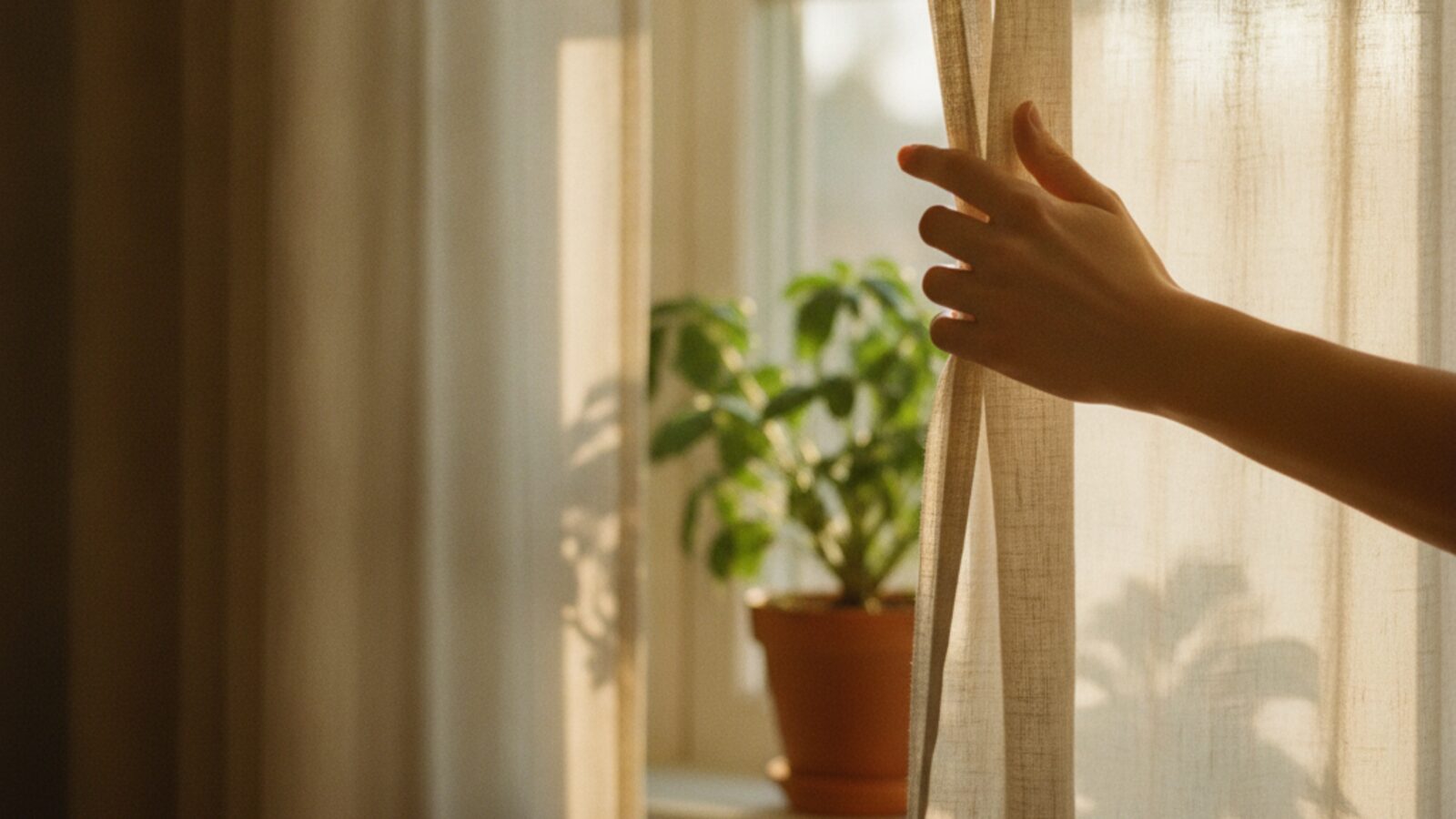 A hand drawing a sheer curtain across a sunlit window