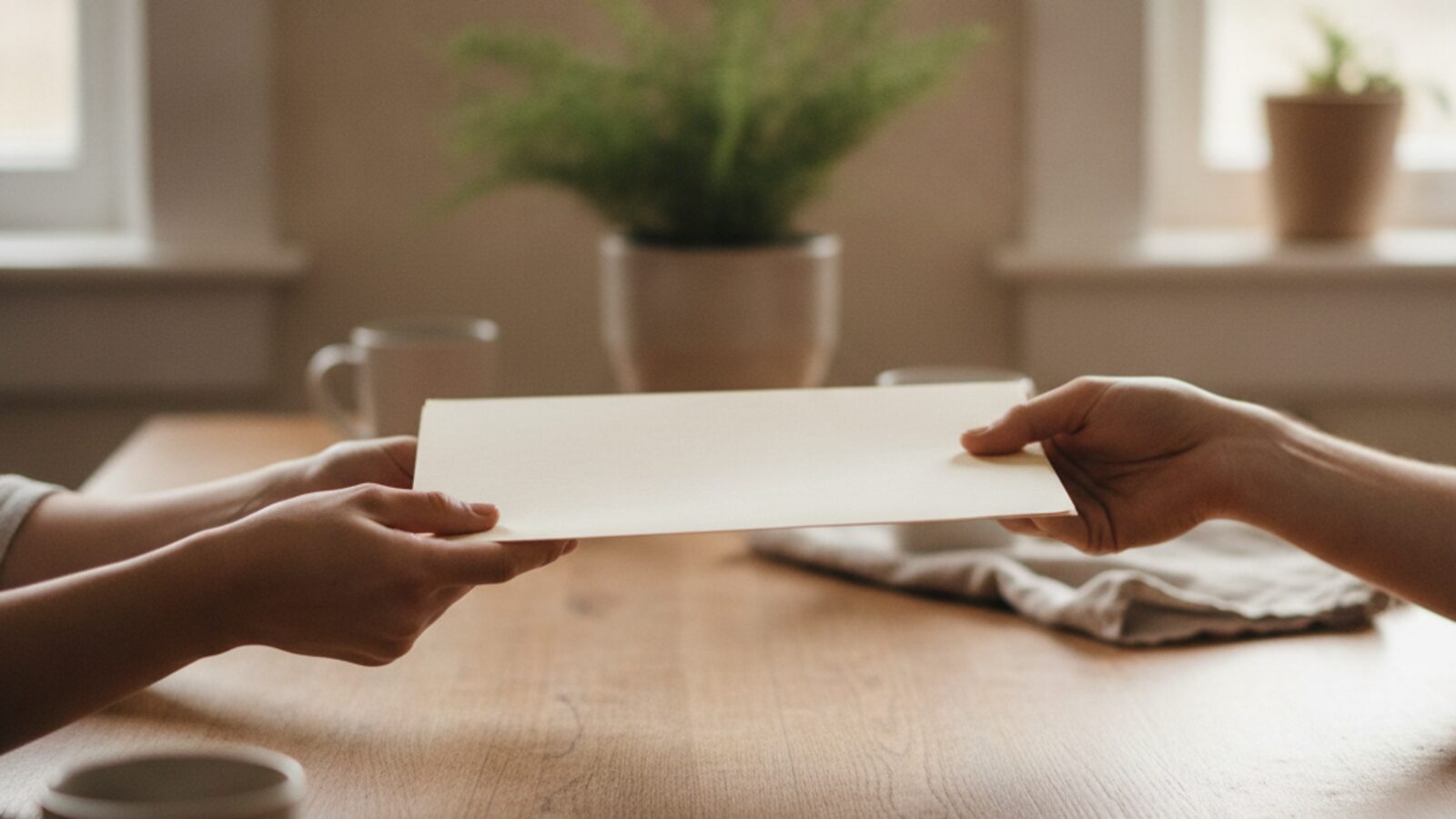 Two people passing a single sheet of paper across a wooden table