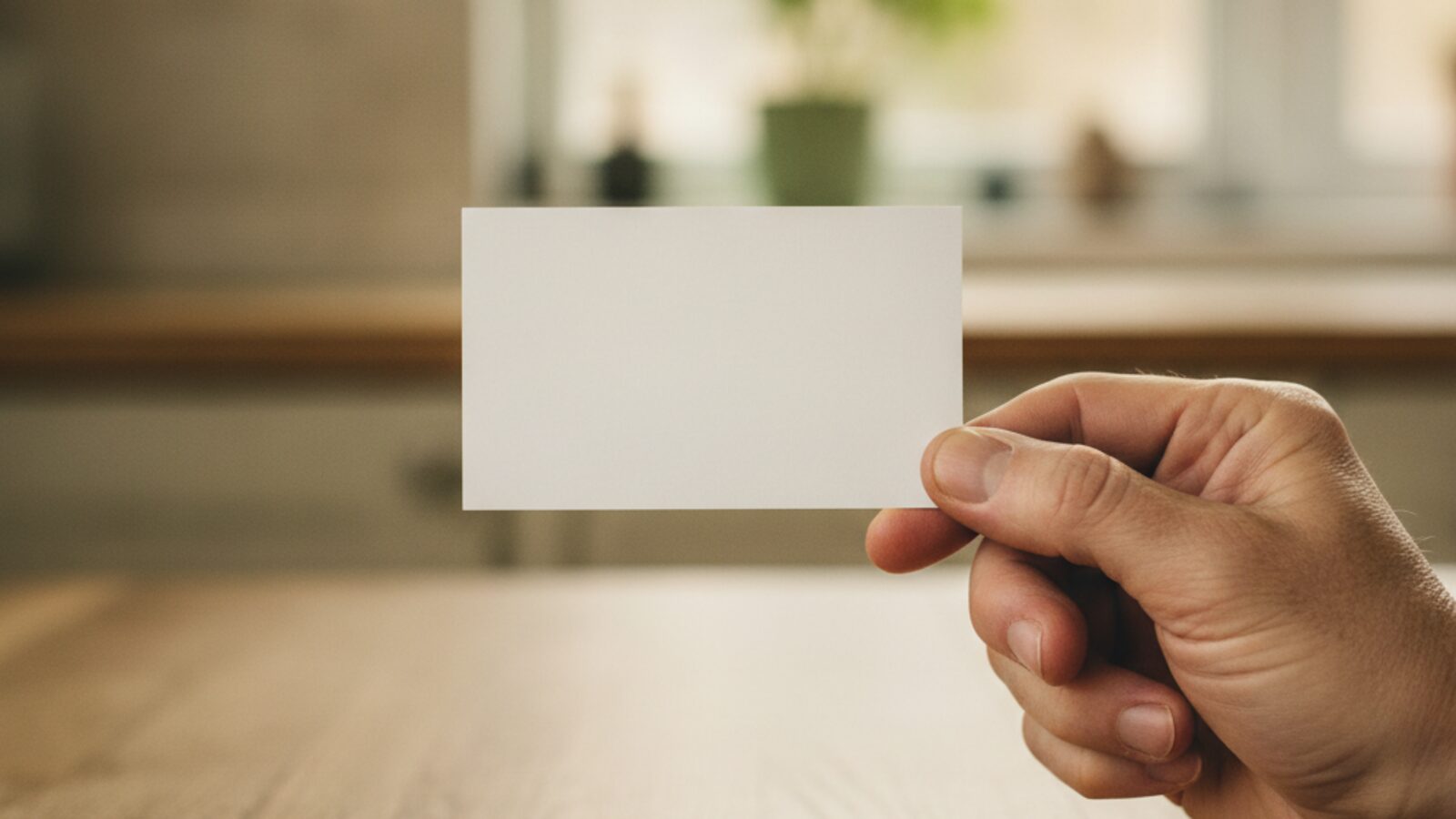 A hand offering a single blank card across a warm table