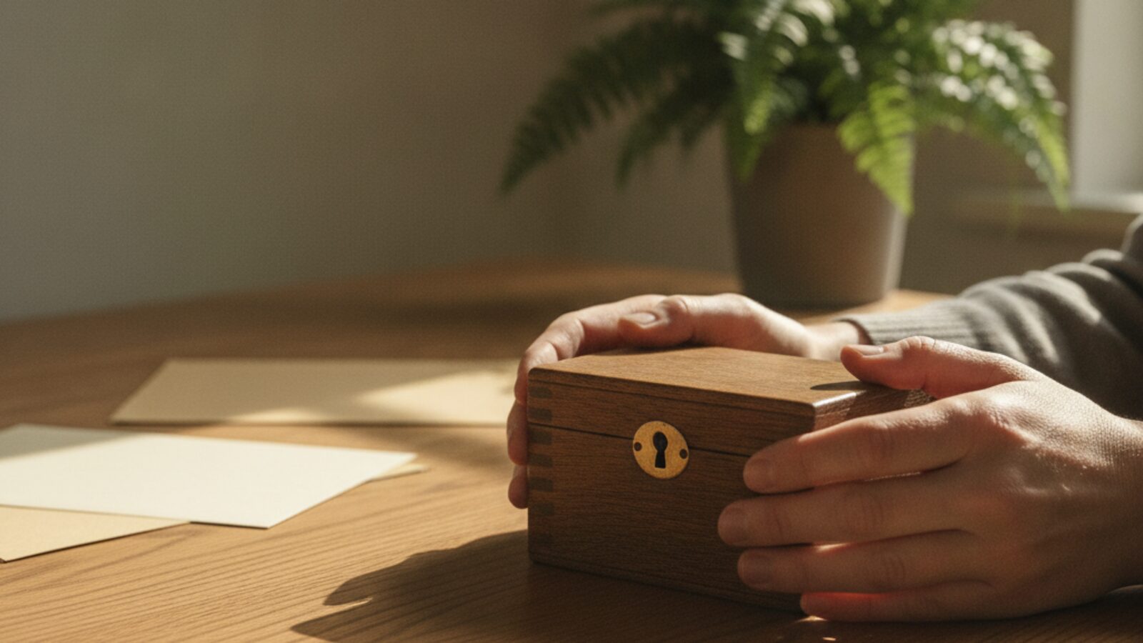 Two hands holding a small closed wooden box with a brass keyhole — with zero-knowledge encryption, you hold the only key.